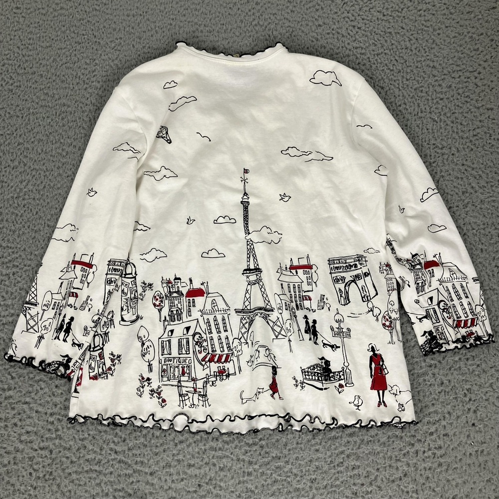 Jess & Jane Shirt Womens Large White Paris City Print Scoop Neck Jersey Ruffle - Picture 6 of 6